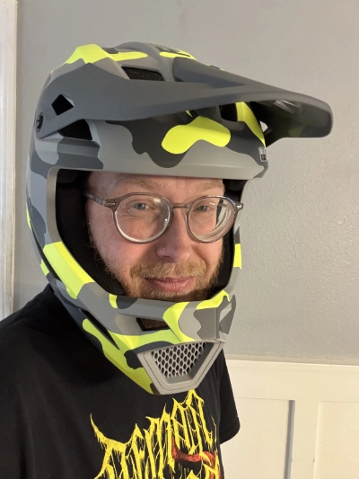 A photo of Dr. Pope in his mountain biking full face helmet.